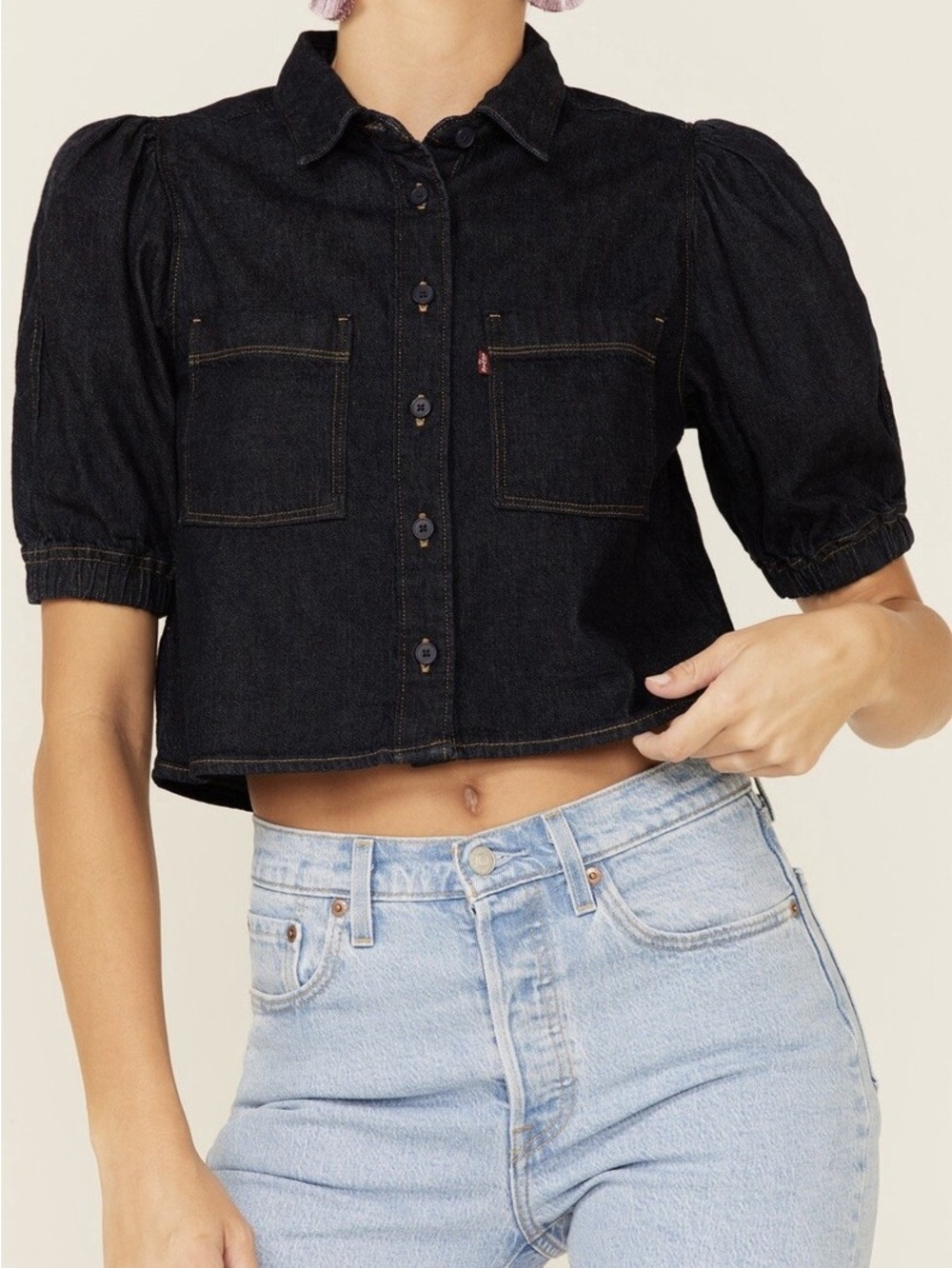 Levi's Button-Down Short Sleeve Cropped Blouse